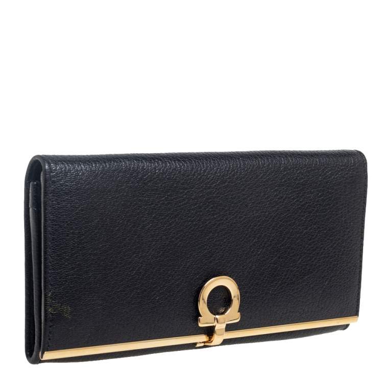 Pre Owned Salvatore Ferragamo Black Leather Gancini Icona Continental Wallet