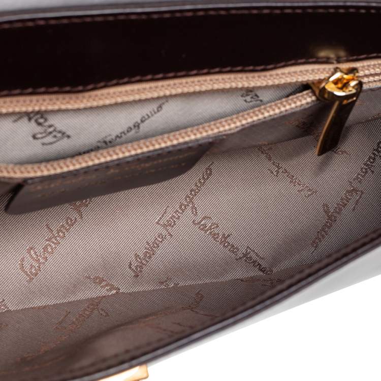 Pre Owned Salvatore Ferragamo Dark Brown Leather Gancio Flap Shoulder Bag 