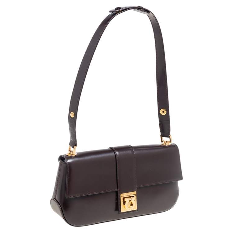 Pre Owned Salvatore Ferragamo Dark Brown Leather Gancio Flap Shoulder Bag 