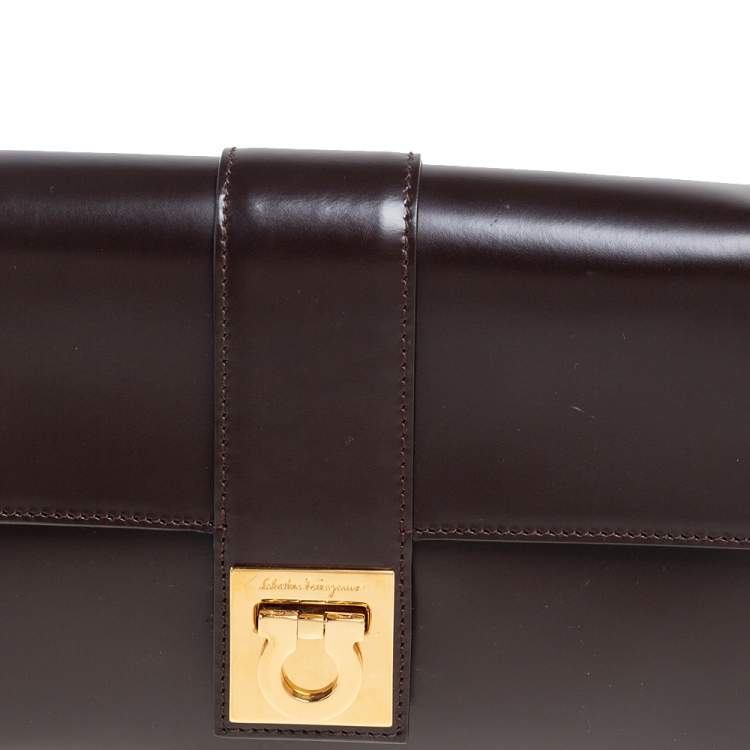 Pre Owned Salvatore Ferragamo Dark Brown Leather Gancio Flap Shoulder Bag 