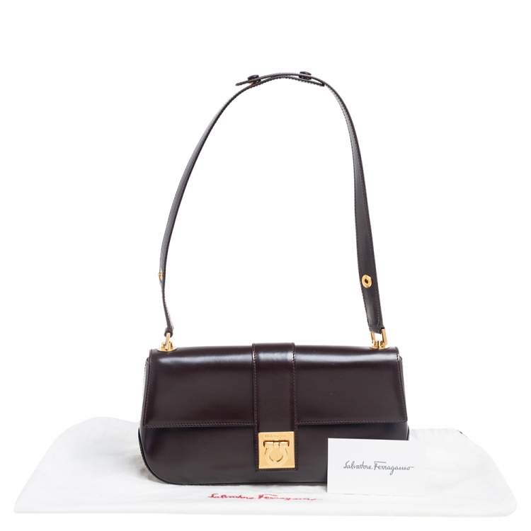 Pre Owned Salvatore Ferragamo Dark Brown Leather Gancio Flap Shoulder Bag 