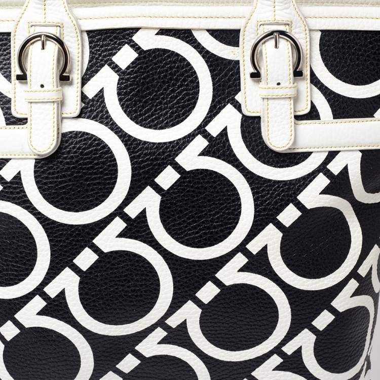 Pre Owned Salvatore Ferragamo Black/White Gancini Print Leather Tote
