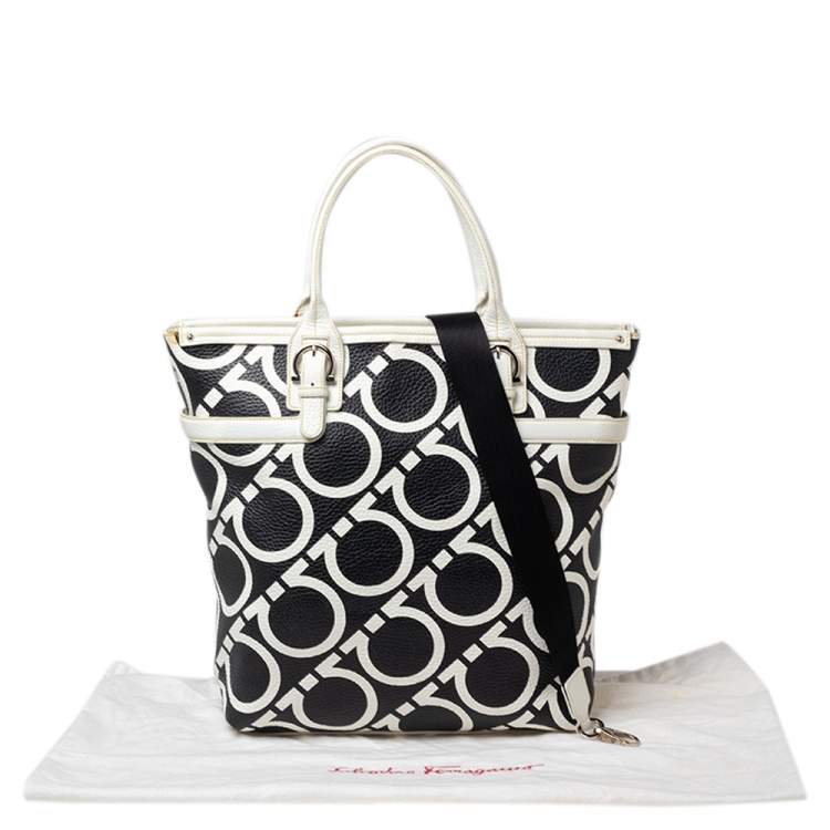 Pre Owned Salvatore Ferragamo Black/White Gancini Print Leather Tote