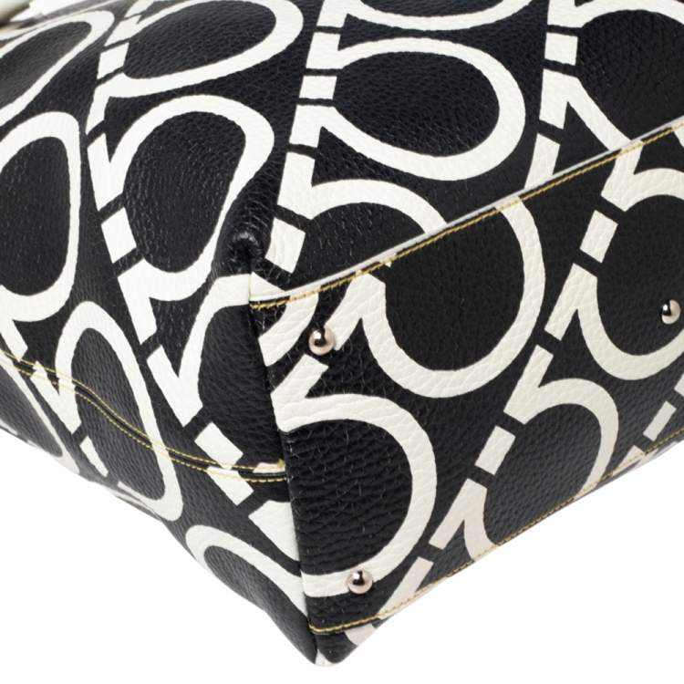 Pre Owned Salvatore Ferragamo Black/White Gancini Print Leather Tote