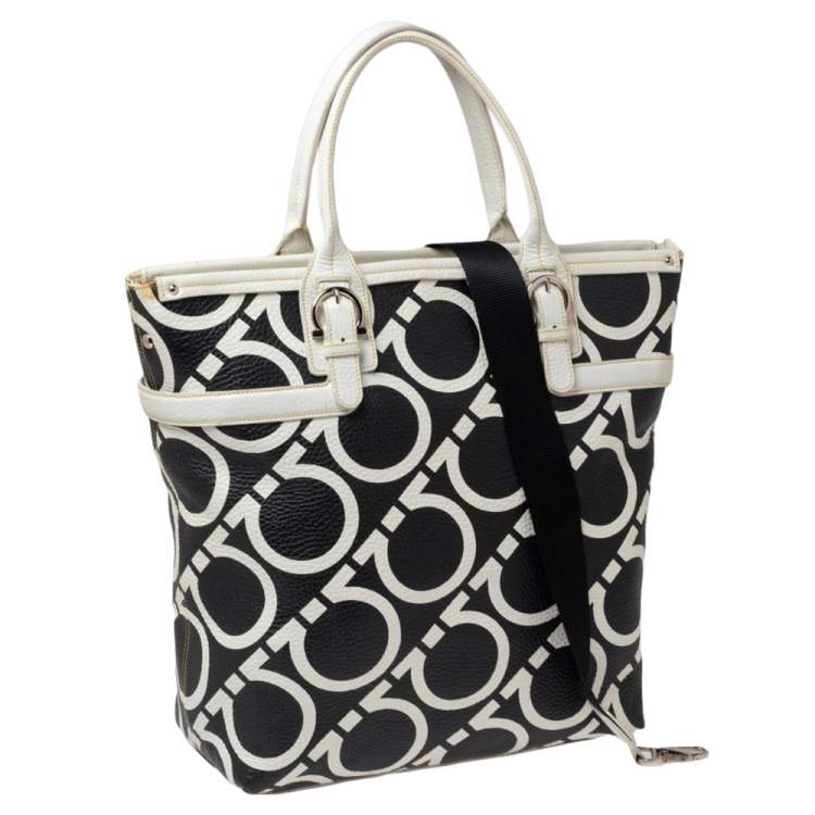 Pre Owned Salvatore Ferragamo Black/White Gancini Print Leather Tote