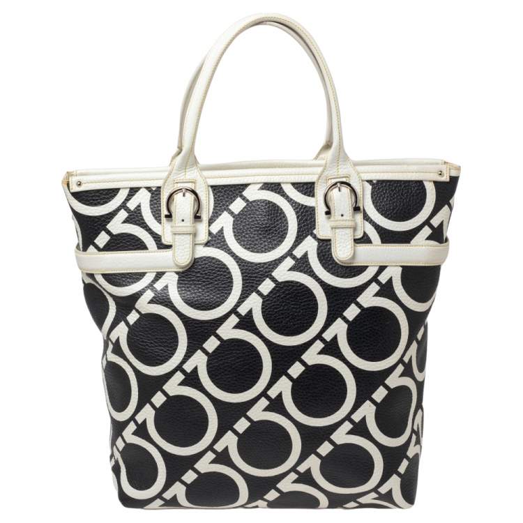 Pre Owned Salvatore Ferragamo Black/White Gancini Print Leather Tote