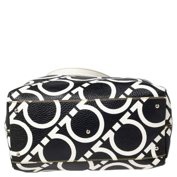 Pre Owned Salvatore Ferragamo Black/White Gancini Print Leather Tote