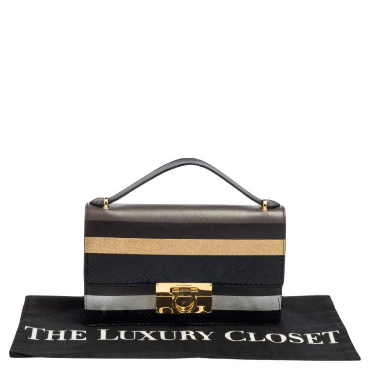 Pre Owned Salvatore Ferragamo Multicolor Stripe Leather and Python Trim Aileen Top Handle Bag