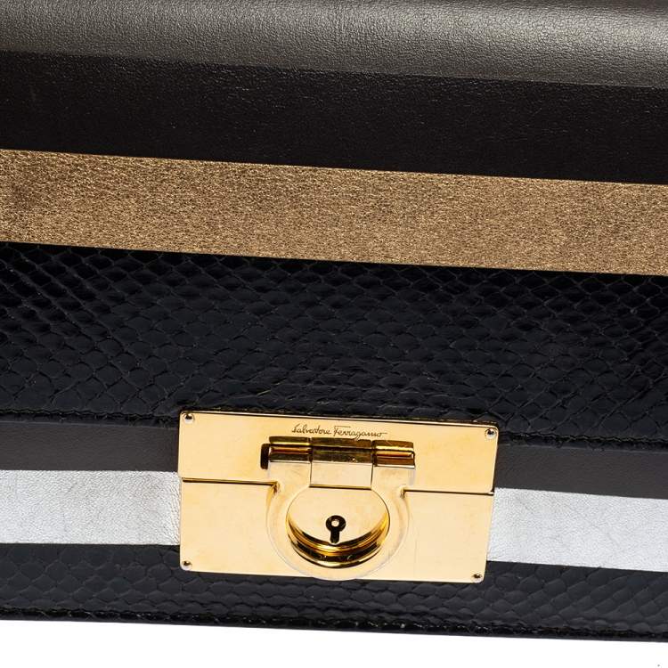 Pre Owned Salvatore Ferragamo Multicolor Stripe Leather and Python Trim Aileen Top Handle Bag