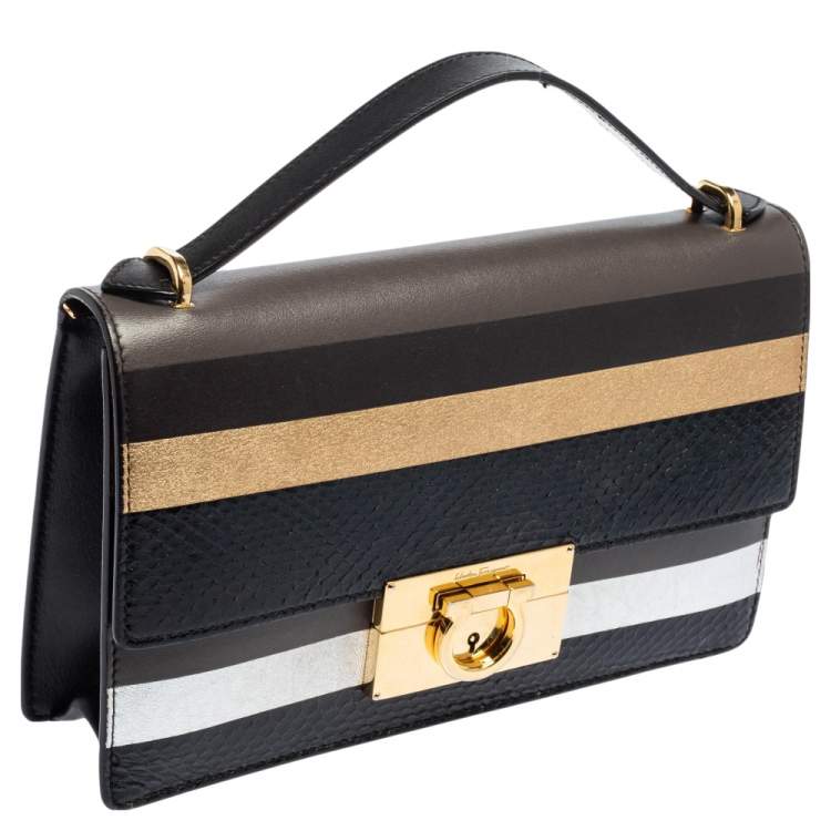 Pre Owned Salvatore Ferragamo Multicolor Stripe Leather and Python Trim Aileen Top Handle Bag