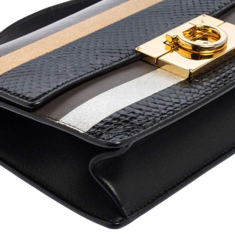 Pre Owned Salvatore Ferragamo Multicolor Stripe Leather and Python Trim Aileen Top Handle Bag