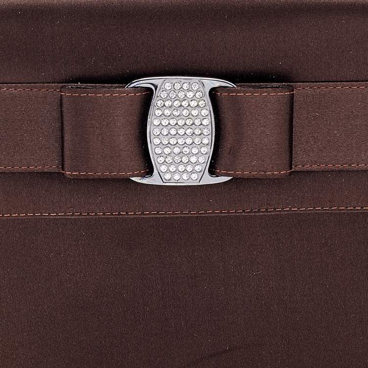 Pre Owned Salvatore Ferragamo Dark Brown Satin Crystal Embellished Vara Bow Top Handle Bag