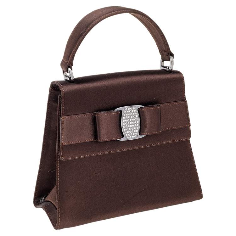 Pre Owned Salvatore Ferragamo Dark Brown Satin Crystal Embellished Vara Bow Top Handle Bag
