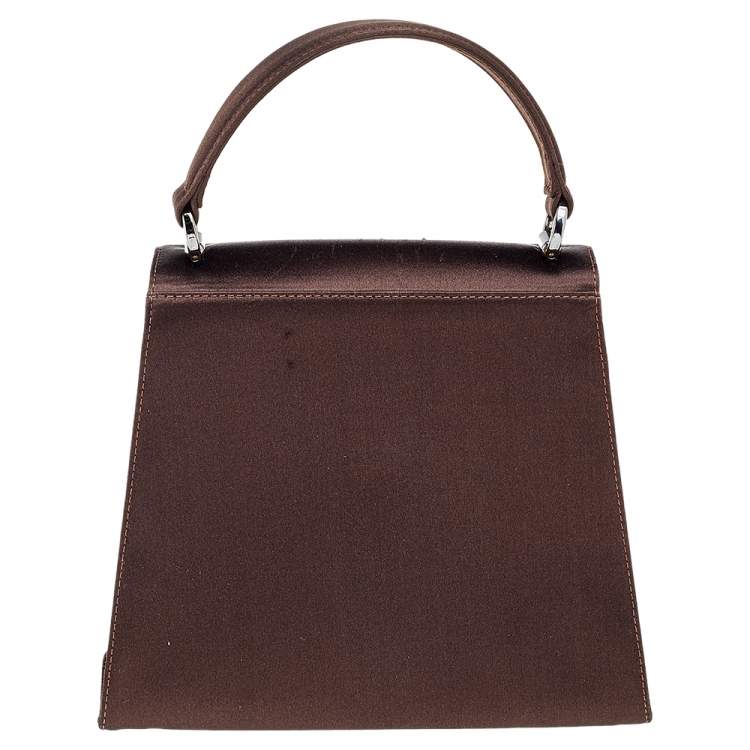 Pre Owned Salvatore Ferragamo Dark Brown Satin Crystal Embellished Vara Bow Top Handle Bag