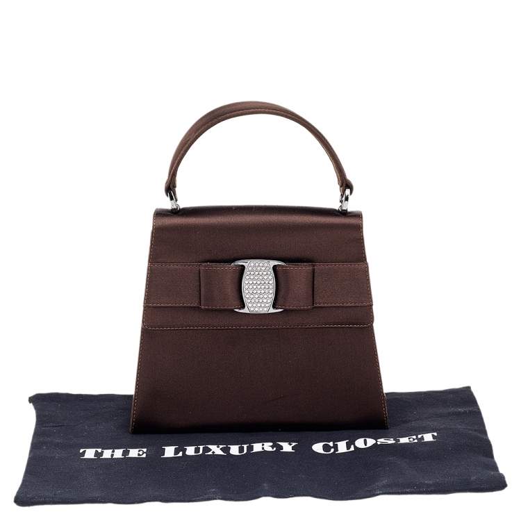 Pre Owned Salvatore Ferragamo Dark Brown Satin Crystal Embellished Vara Bow Top Handle Bag