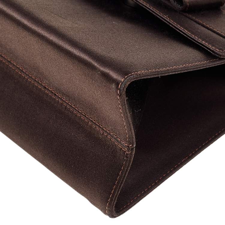 Pre Owned Salvatore Ferragamo Dark Brown Satin Crystal Embellished Vara Bow Top Handle Bag
