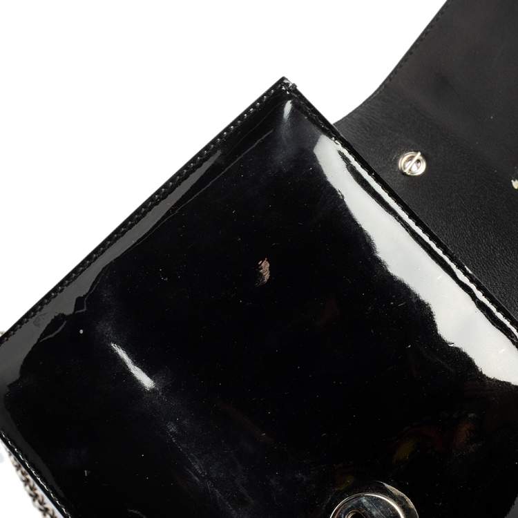 Pre Owned Salvatore Ferragamo Black Patent Leather Vara Bow Flap Wallet On Chain