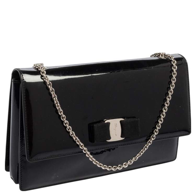 Pre Owned Salvatore Ferragamo Black Patent Leather Vara Bow Flap Wallet On Chain
