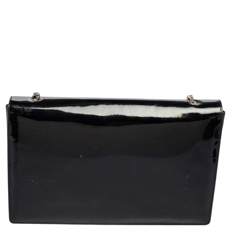 Pre Owned Salvatore Ferragamo Black Patent Leather Vara Bow Flap Wallet On Chain