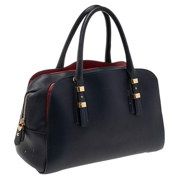 Pre Owned Salvatore Ferragamo Navy Blue/Red Leather Satchel