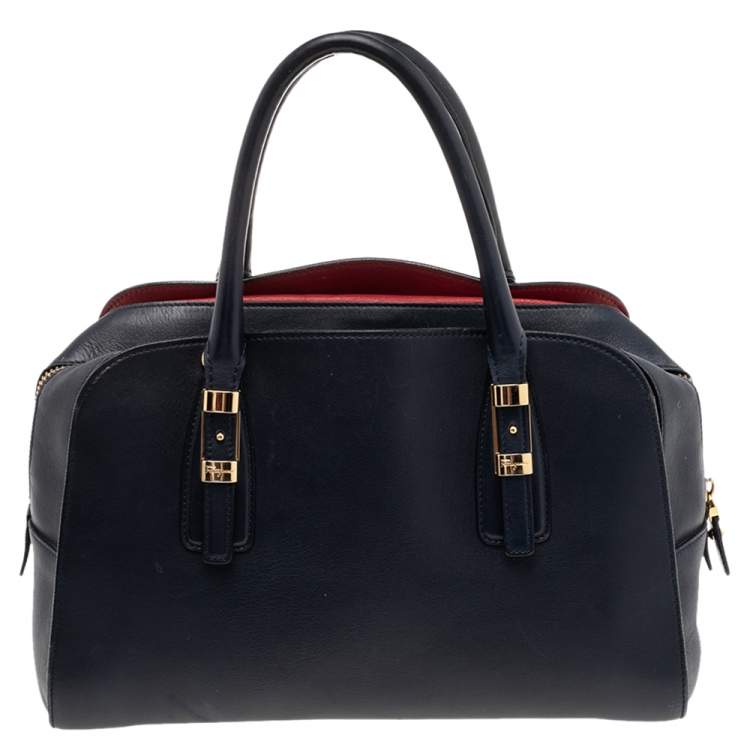 Pre Owned Salvatore Ferragamo Navy Blue/Red Leather Satchel