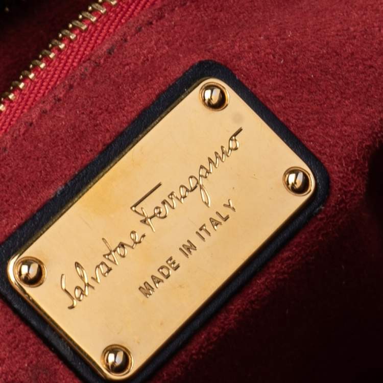 Pre Owned Salvatore Ferragamo Navy Blue/Red Leather Satchel