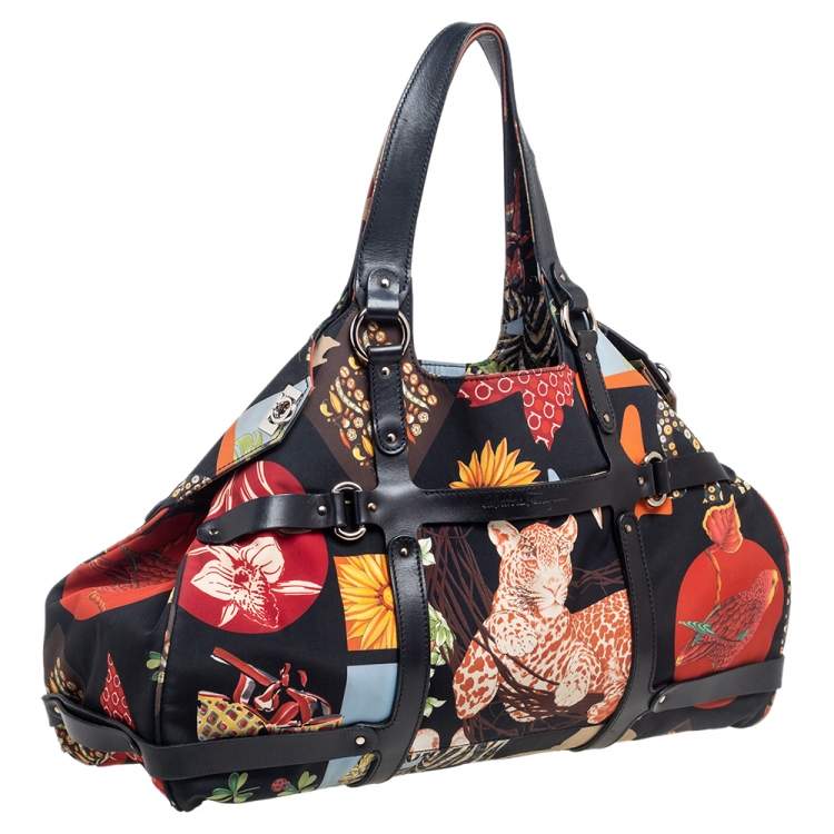 Pre Owned Salvatore Ferragamo Multicolor Nylon and Leather Jungle Safari Print Leopard Tote