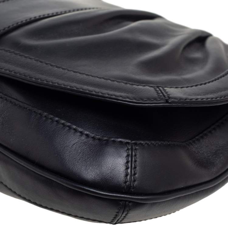 Pre Owned Salvatore Ferragamo Black Leather Pleated Flap Shoulder Bag