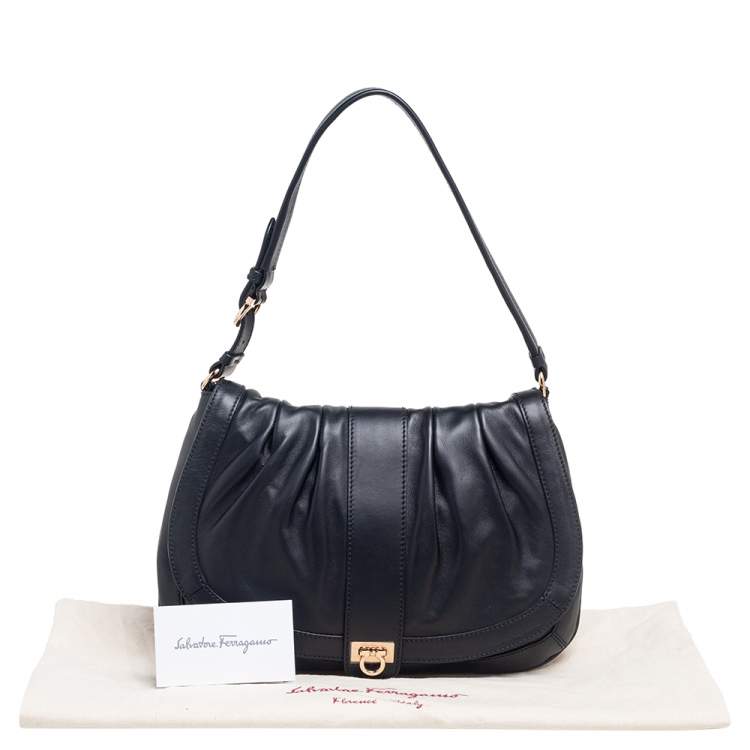 Pre Owned Salvatore Ferragamo Black Leather Pleated Flap Shoulder Bag