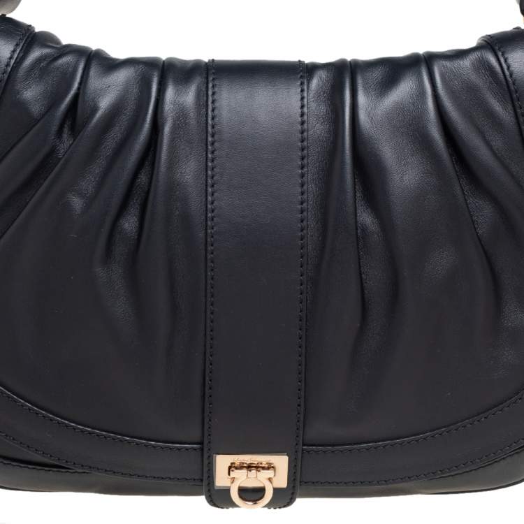 Pre Owned Salvatore Ferragamo Black Leather Pleated Flap Shoulder Bag