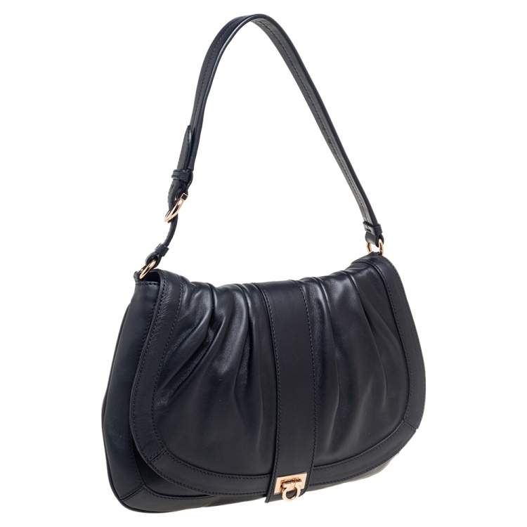 Pre Owned Salvatore Ferragamo Black Leather Pleated Flap Shoulder Bag