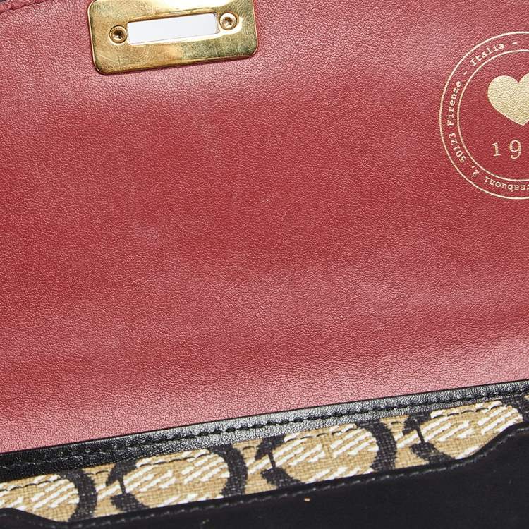 Pre Owned Salvatore Ferragamo Black/Cream Gancio Printed Canvas and Leather Gancini Shoulder Bag