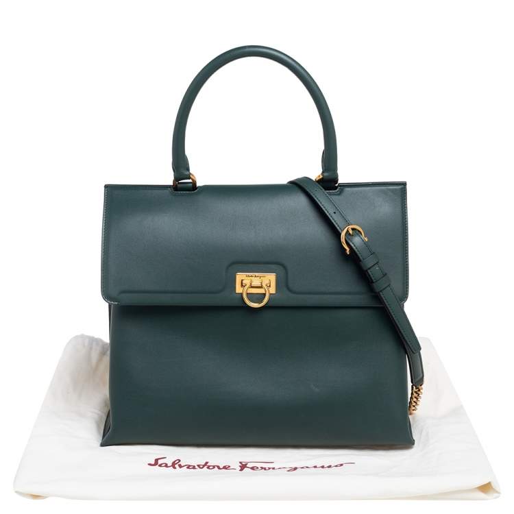 Pre Owned Salvatore Ferragamo Green Leather Kelly Top Handle Bag