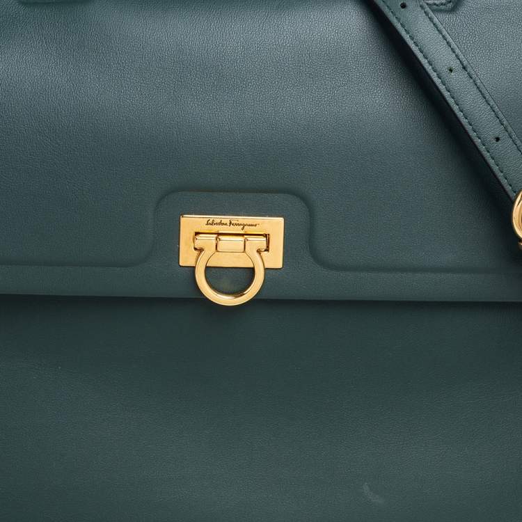 Pre Owned Salvatore Ferragamo Green Leather Kelly Top Handle Bag