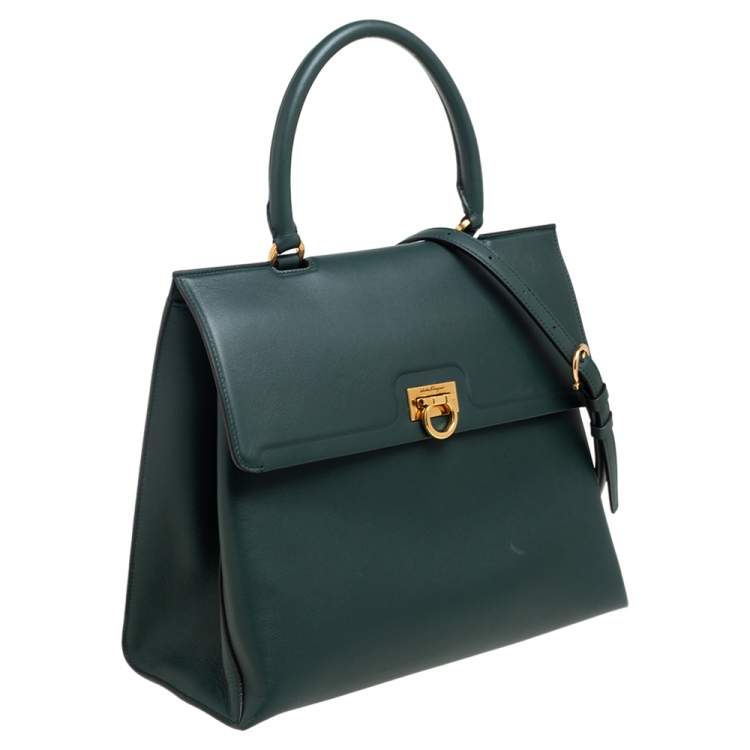 Pre Owned Salvatore Ferragamo Green Leather Kelly Top Handle Bag