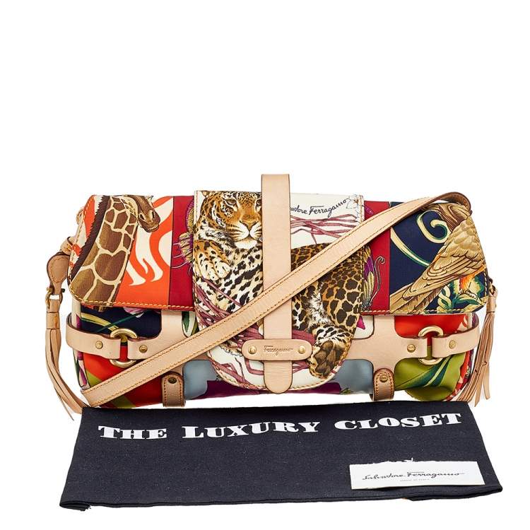 Pre Owned Salvatore Ferragamo Multicolor Printed Nylon and Leather Flap Shoulder Bag