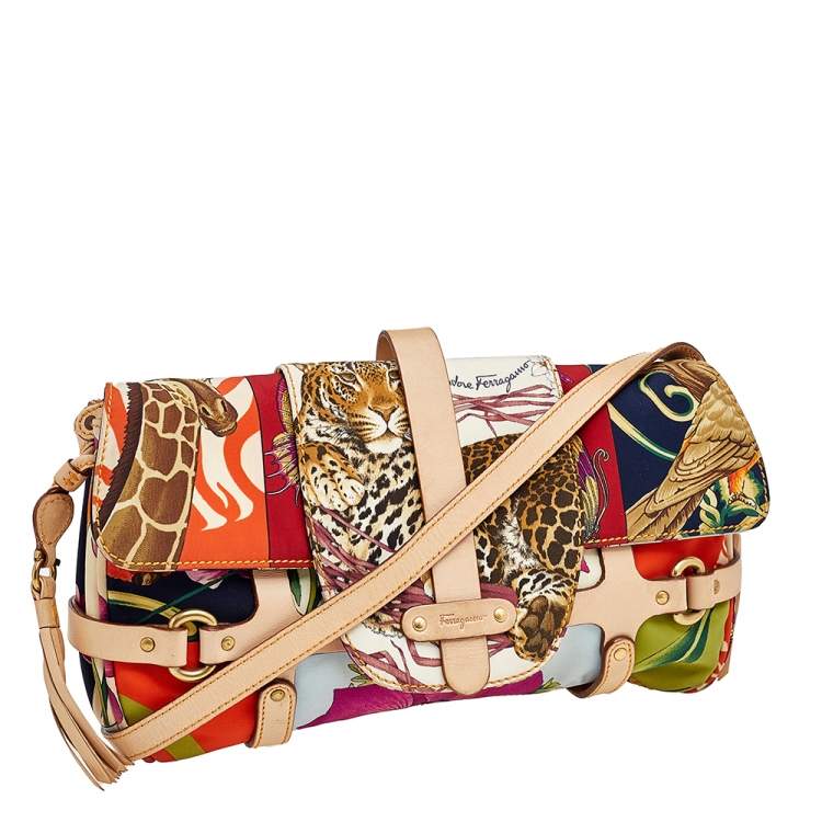 Pre Owned Salvatore Ferragamo Multicolor Printed Nylon and Leather Flap Shoulder Bag