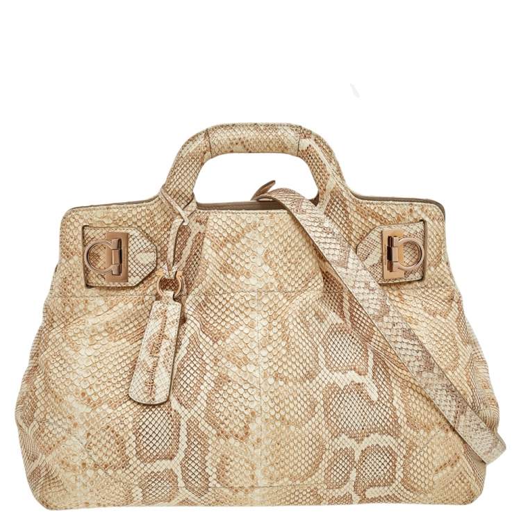 Pre Owned Salvatore Ferragamo Beige Python Leather Tote