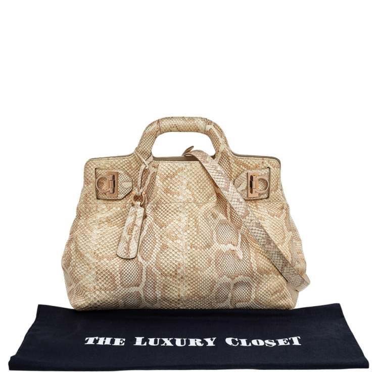 Pre Owned Salvatore Ferragamo Beige Python Leather Tote