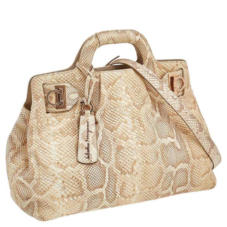 Pre Owned Salvatore Ferragamo Beige Python Leather Tote