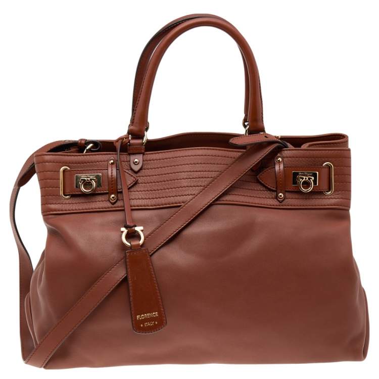 Pre Owned Salvatore Ferragamo Brown Leather Gancini Tote