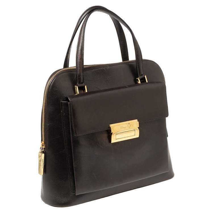 Pre Owned Salvatore Ferragamo Brown Leather Front Pocket Satchel