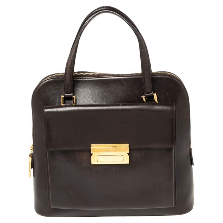 Pre Owned Salvatore Ferragamo Brown Leather Front Pocket Satchel