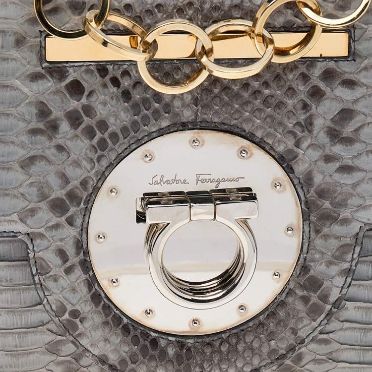 Pre Owned Salvatore Ferragamo Grey Python Flap Shoulder Bag