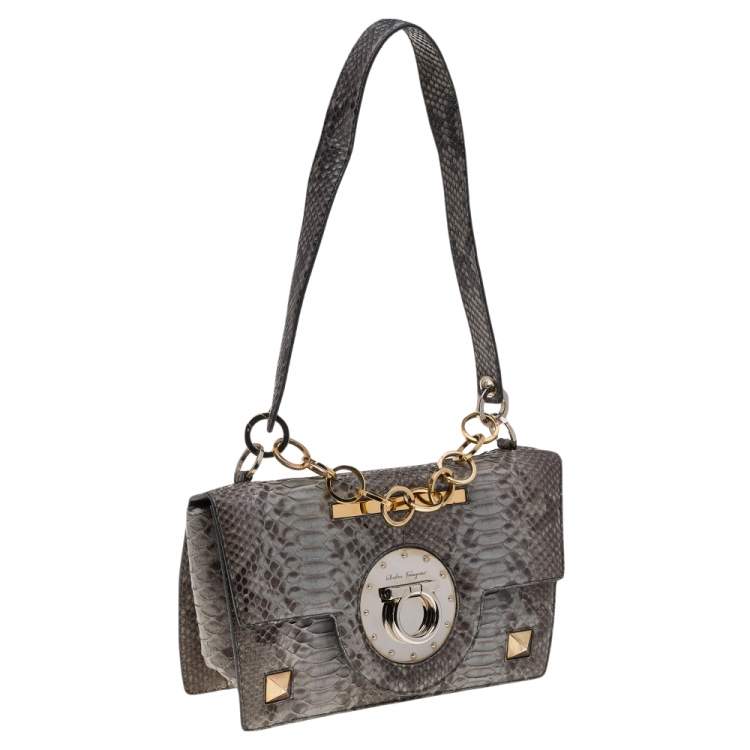 Pre Owned Salvatore Ferragamo Grey Python Flap Shoulder Bag