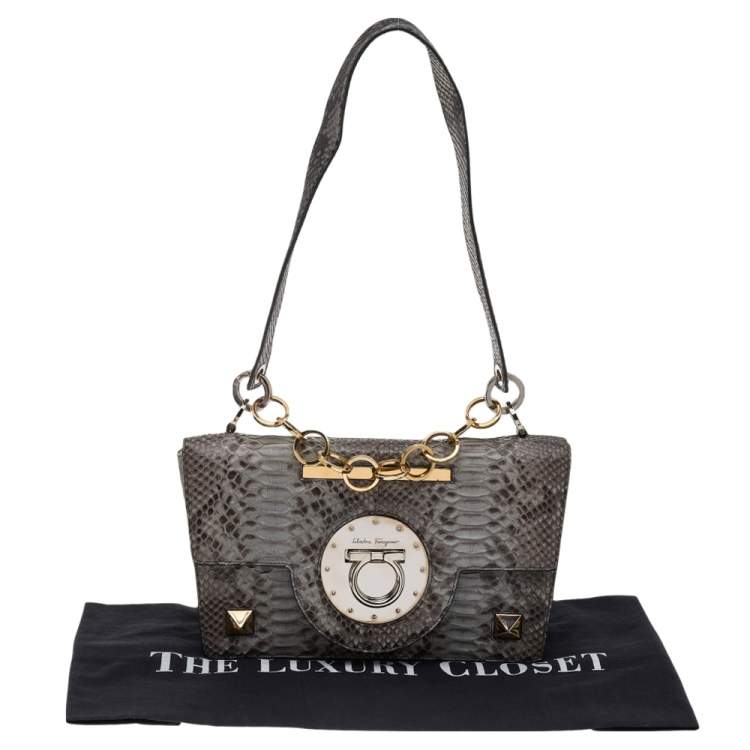 Pre Owned Salvatore Ferragamo Grey Python Flap Shoulder Bag