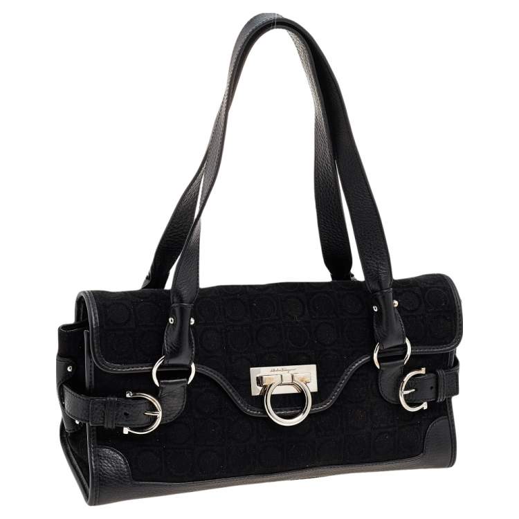 Pre Owned Salvatore Ferragamo Black Gancini Velvet And Leather Shoulder Bag