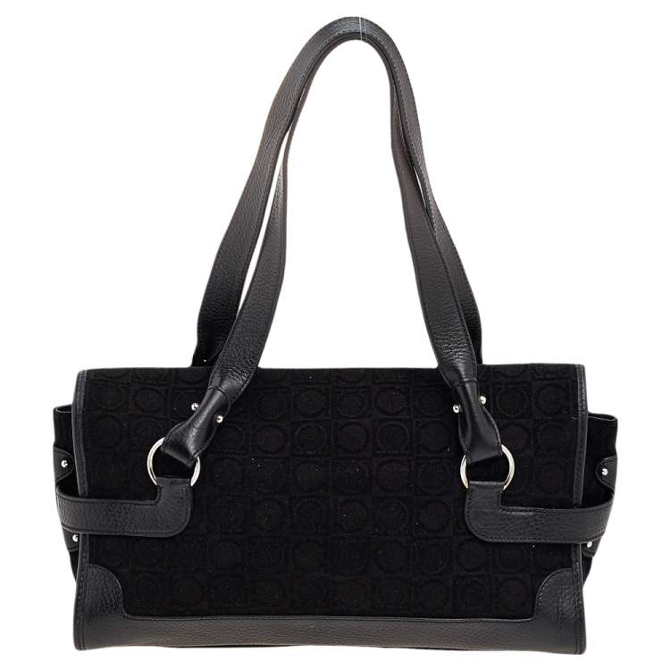 Pre Owned Salvatore Ferragamo Black Gancini Velvet And Leather Shoulder Bag