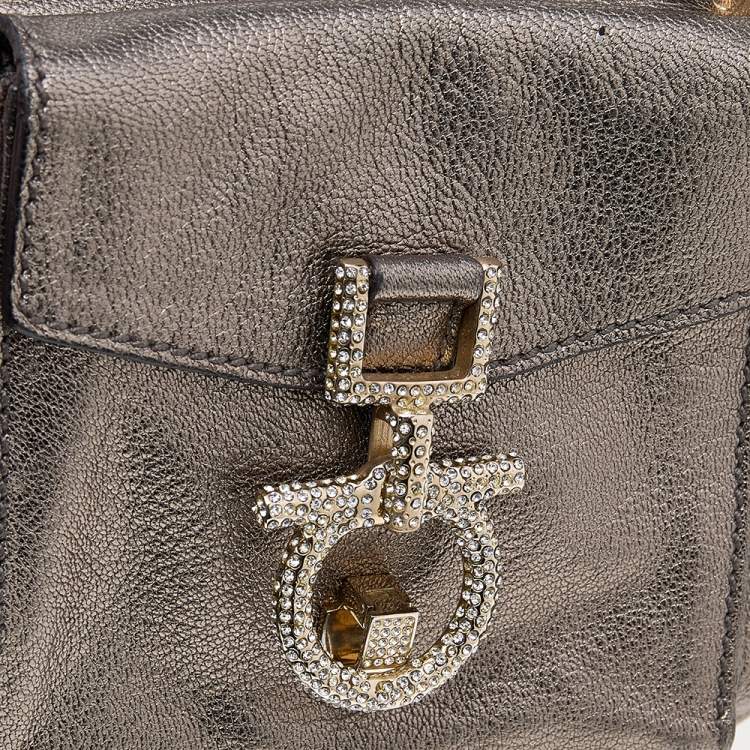 Pre Owned Salvatore Ferragamo Metallic Leather Crystal Embellished Gancini Satchel