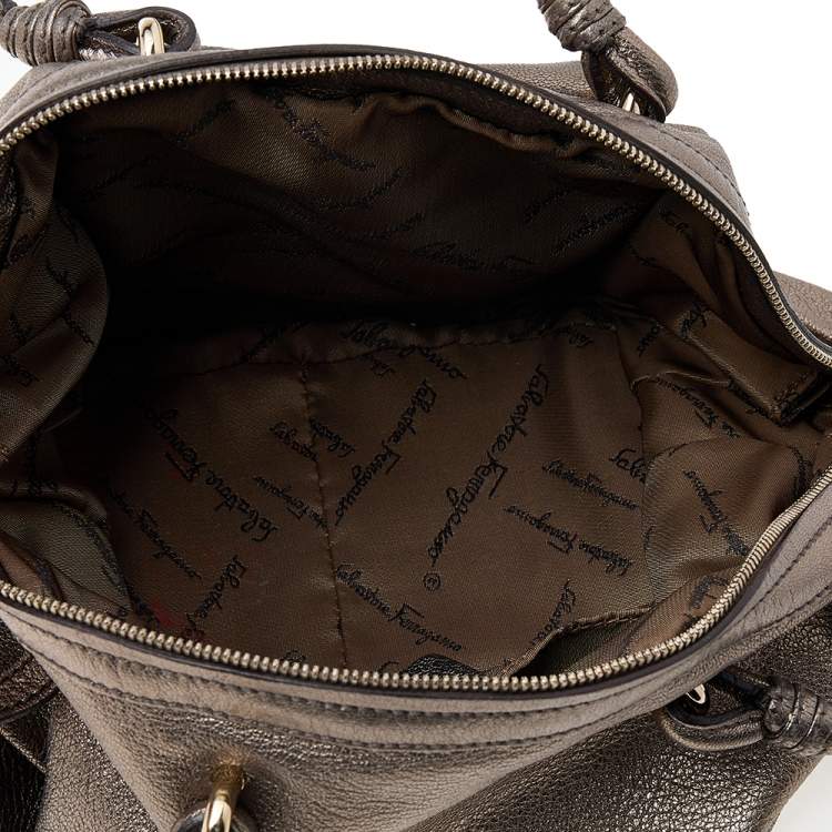 Pre Owned Salvatore Ferragamo Metallic Leather Crystal Embellished Gancini Satchel